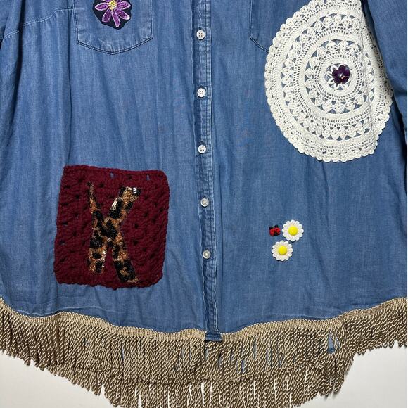 Denim Button-Up Upcycled Shirt Handcrafted Embellishments Boho Western Cotton 3X - Picture 3 of 15